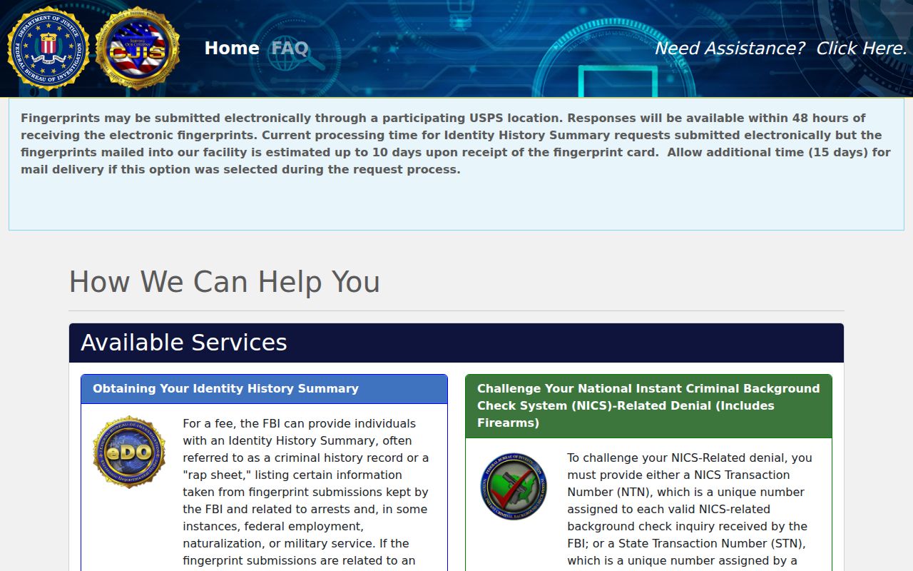 FBI Electronic Departmental Order portal for personal identity history review