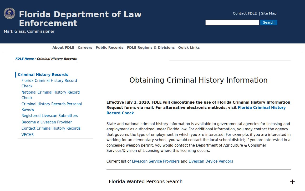 FDLE criminal history record options