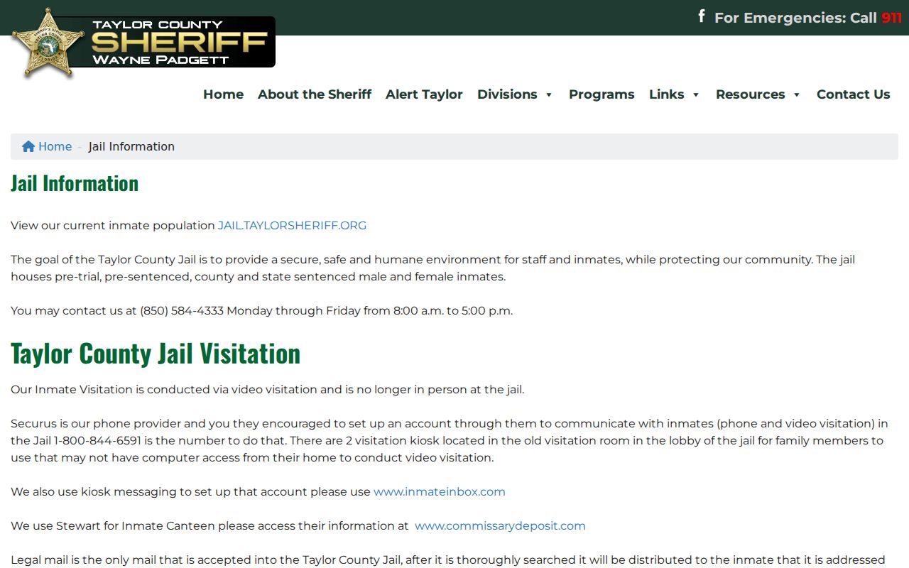 Taylor County arrest records jail information page