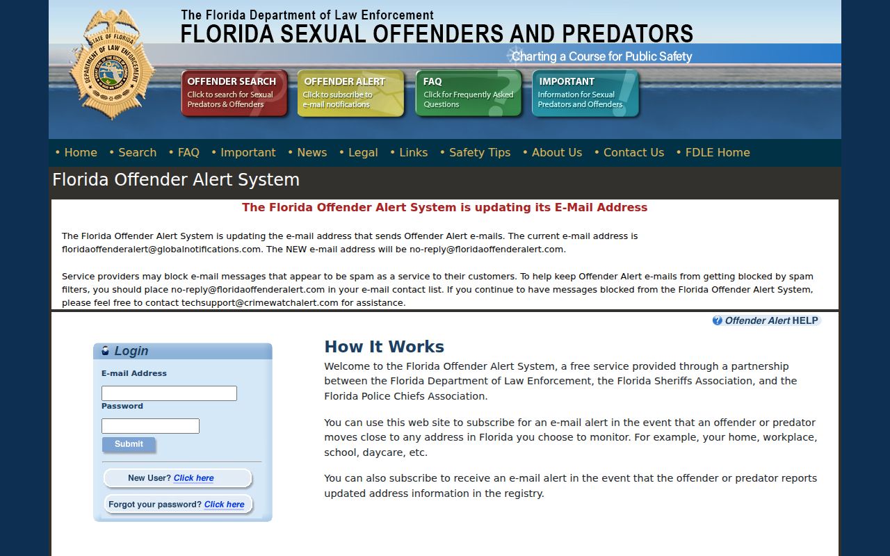 Florida Offender Alert signup for location and individual notifications