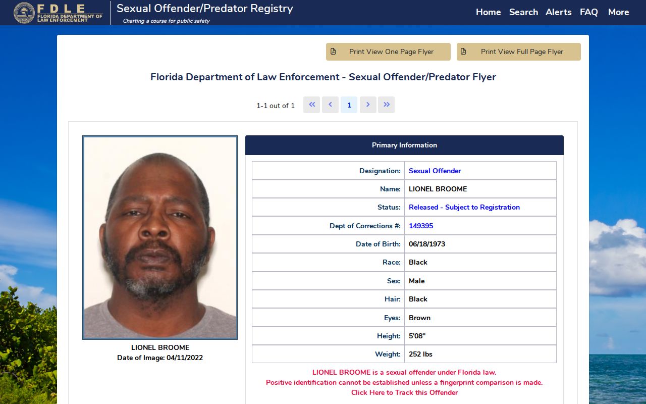 FDLE registry profile layout showing the types of public fields